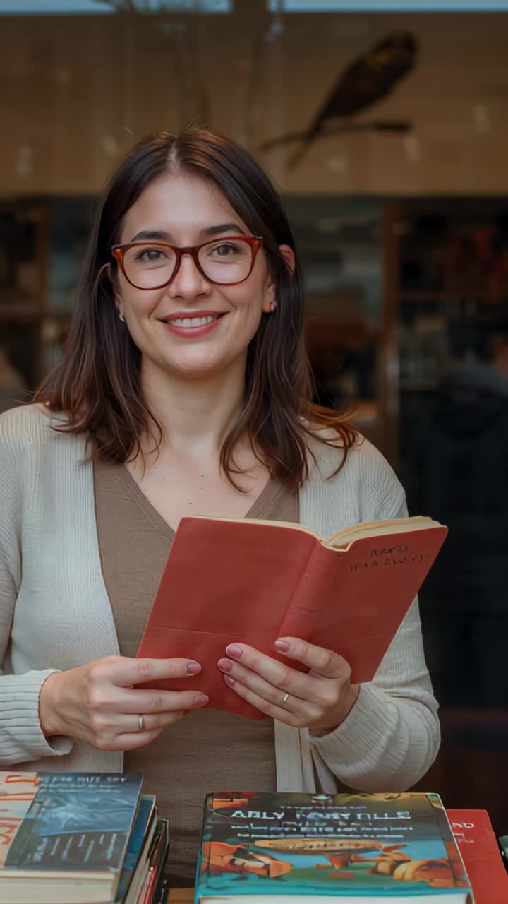Video verticale: donna con gli occhiali e un cardigan che apre un libro rosso e legge in una libreria, alzando lo sguardo