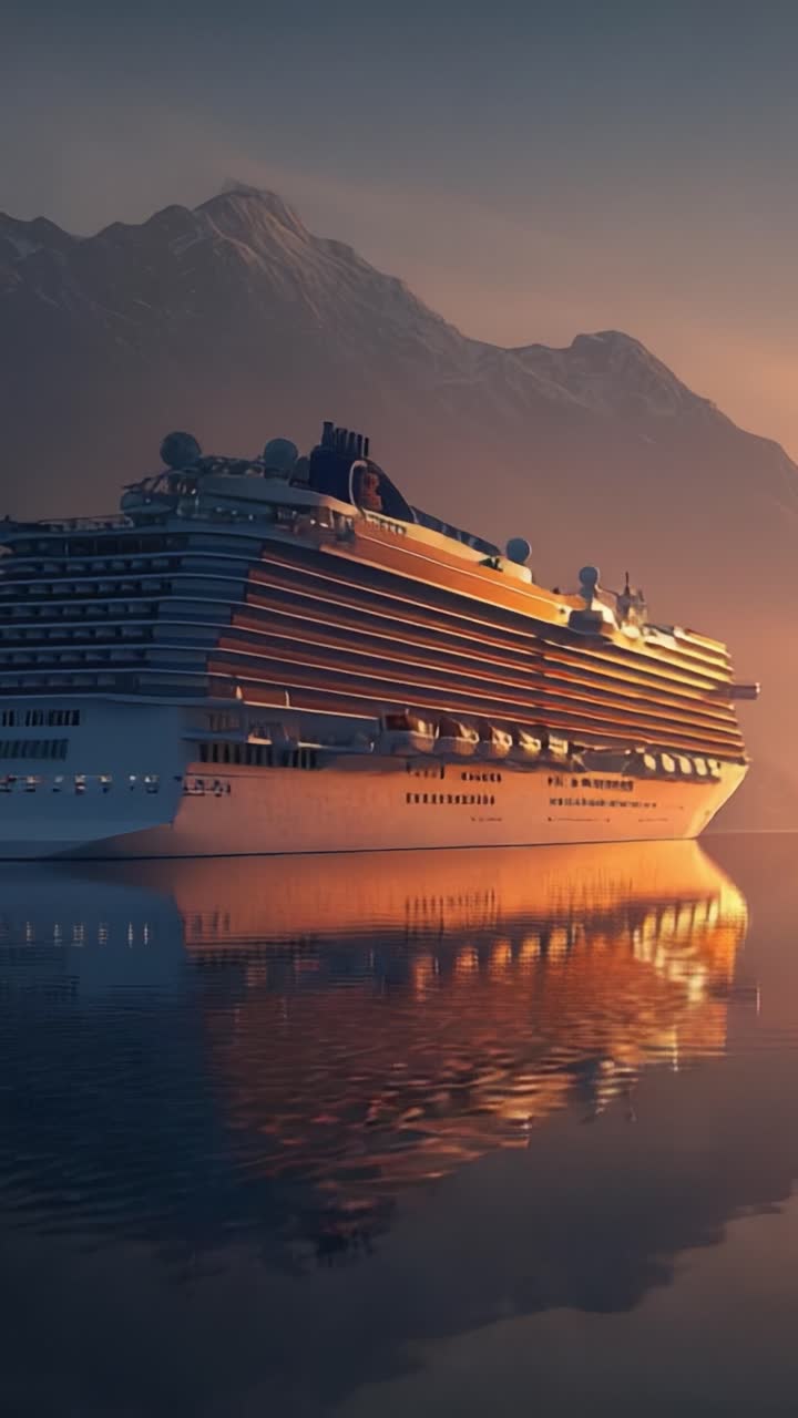 Una maestosa nave da crociera ormeggiata al tramonto, che riflette una vivace tonalità dorata sulle acque tranquille e sullo sfondo di maestose montagne