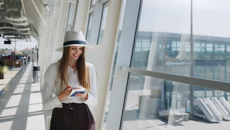 woman at airport with passport and phone