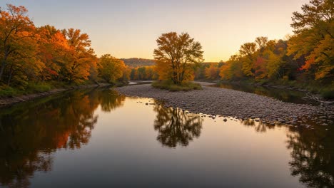 a serene autumn sunset over a tranquil river surrounded by vibrant fall foliage and reflective waters, capturing the beauty of nature's seasonal transformation