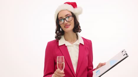 businesswoman in santa hat with champagne and clipboard celebrating holidays