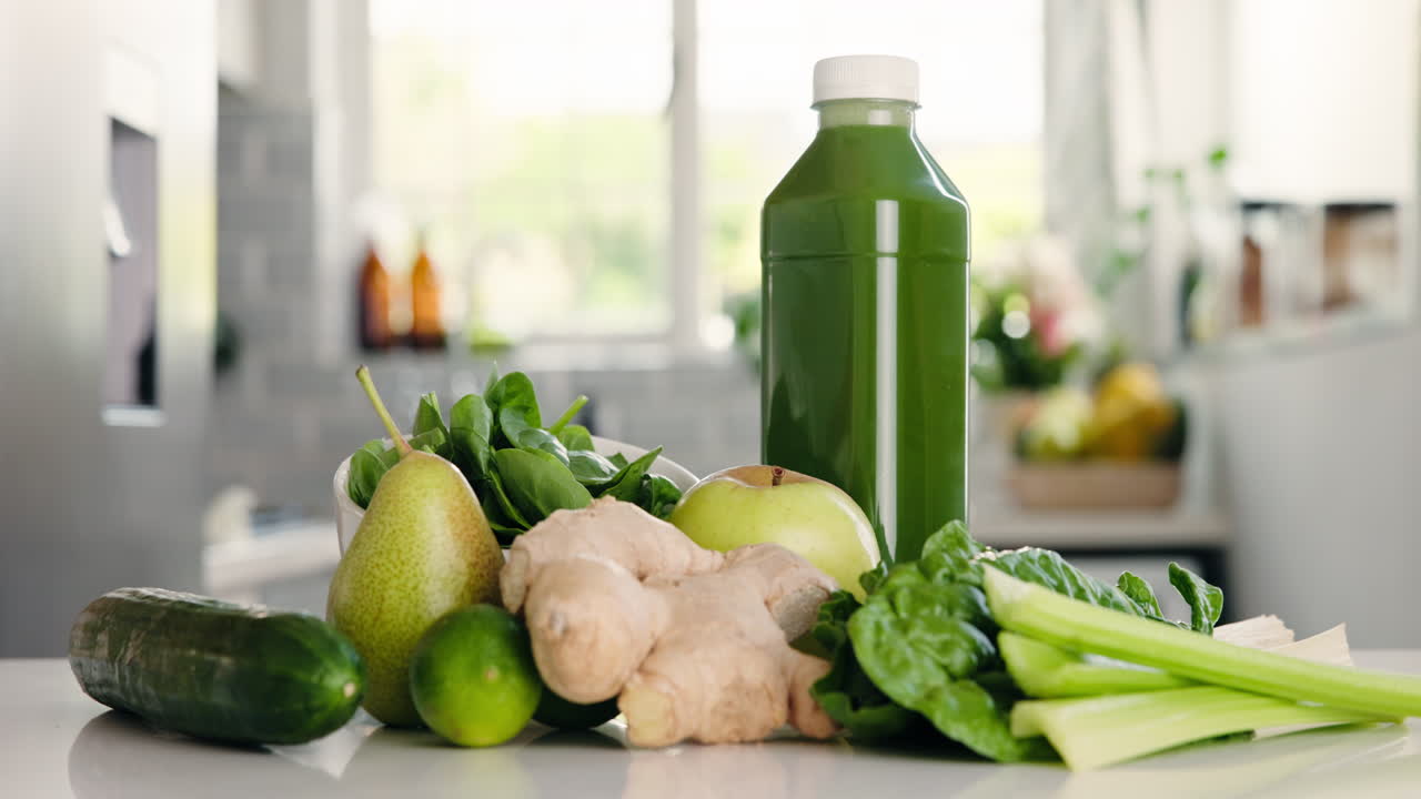 Una mano posiziona una bottiglia di succo verde tra frutta e verdura fresca