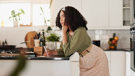 woman writing a recipe in a modern kitchen