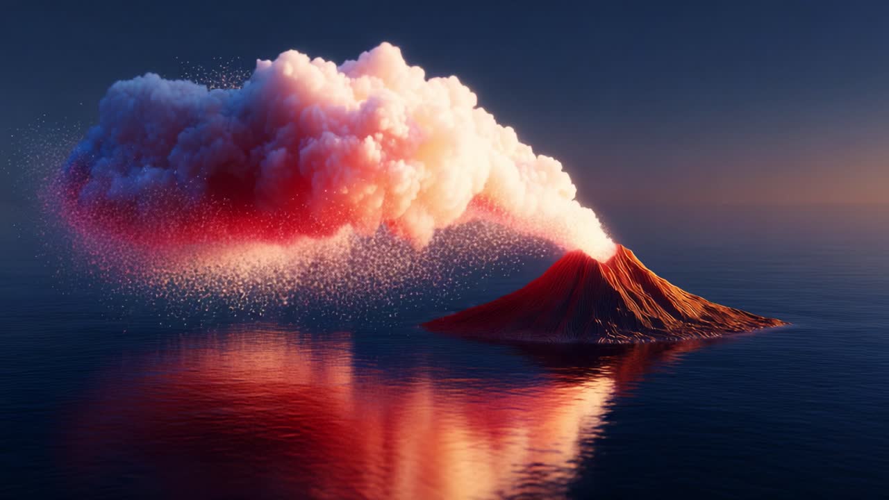 Majestic Volcano Erupting Above Serene Waters: A Stunning Display of Nature's Power with Fiery Clouds and Vibrant Reflections at Sunset
