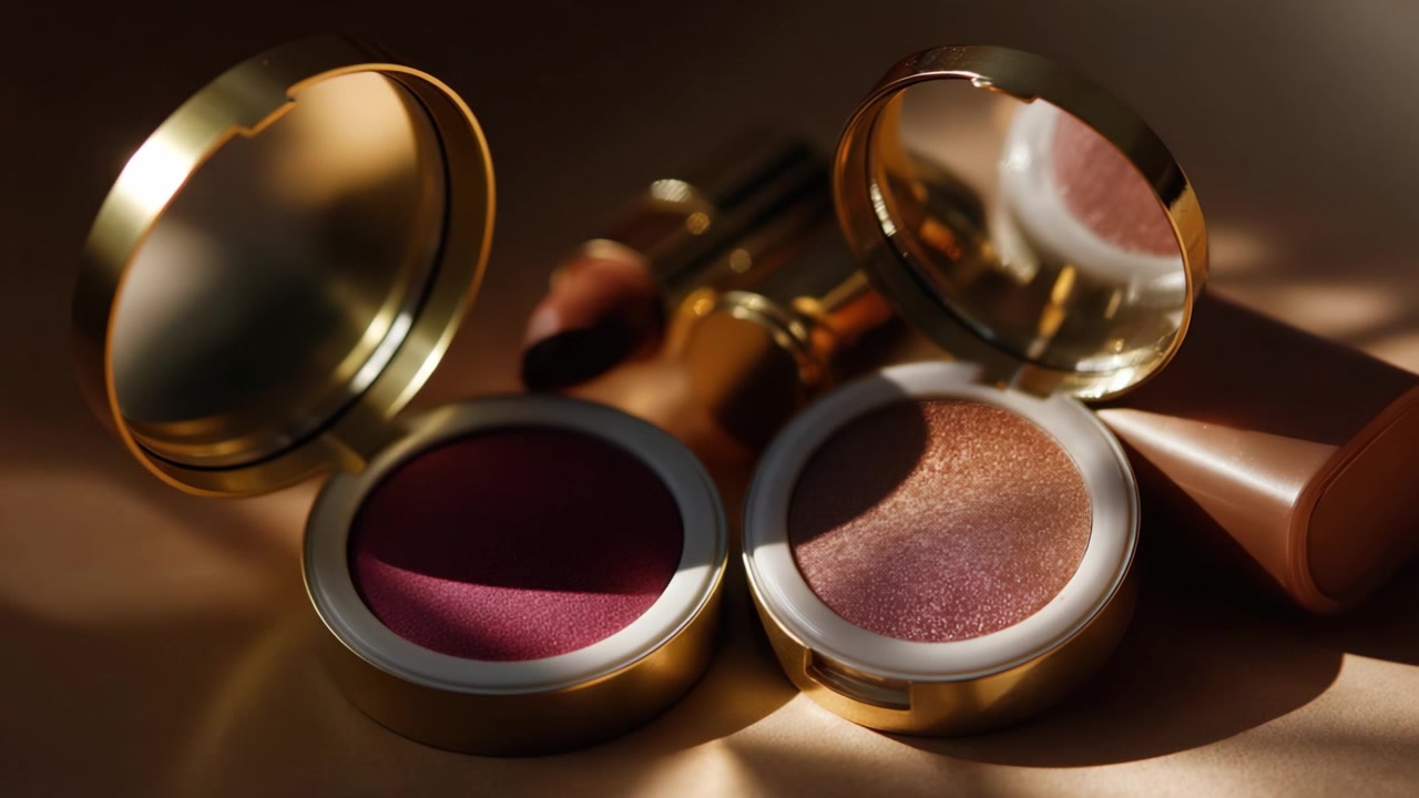 Elegant Collection of Makeup Products Featuring Two Stunning Compacts, Lipsticks, and a Reflective Surface to Enhance Your Beauty Routine with Luxe Elements