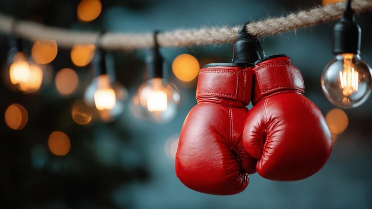 Un paio di iconici guantoni da boxe rossi pendono artisticamente da una corda, circondati da luci calde e brillanti, catturando lo spirito del ring in una splendida rappresentazione