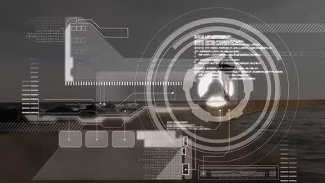 Animation of data processing over fit man running at beach
