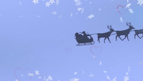 Snowflakes-and-multiple-red-heart-icons-falling-santa-claus-in-sleigh-being-pulled-by-reindeers