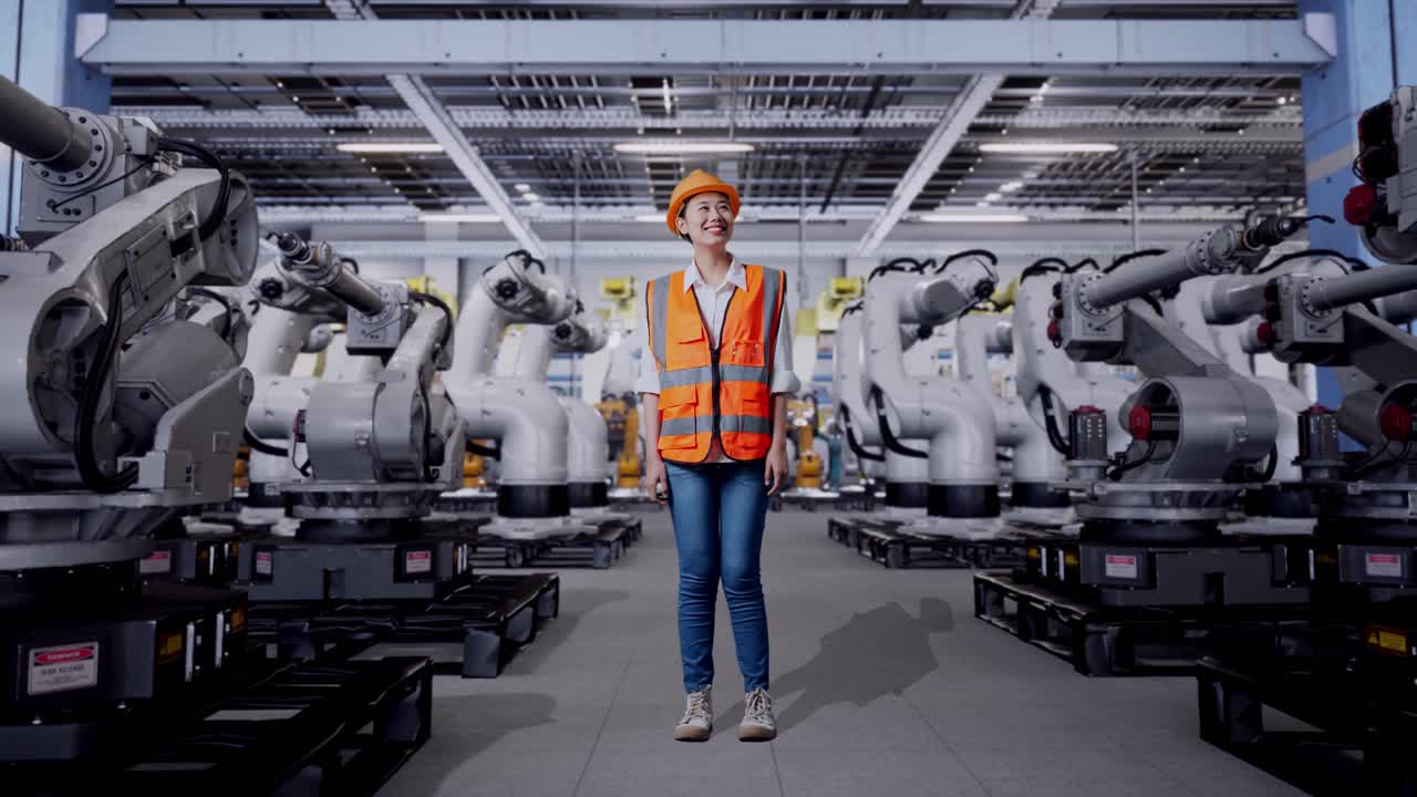 Woman Engineer in a Modern Factory with Robots