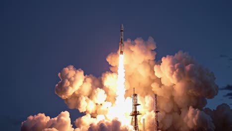 A dramatic low-angle shot captures a rocket launch against a twilight sky, emphasizing power