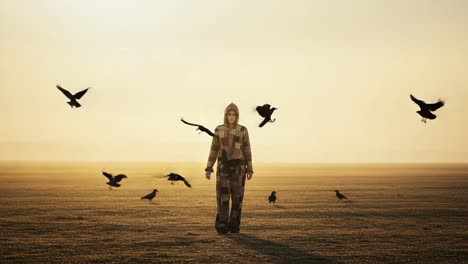 a lone figure stands confidently amidst a swirling flock of birds, showcasing a striking contrast between serene nature and human presence in this captivating outdoor scene