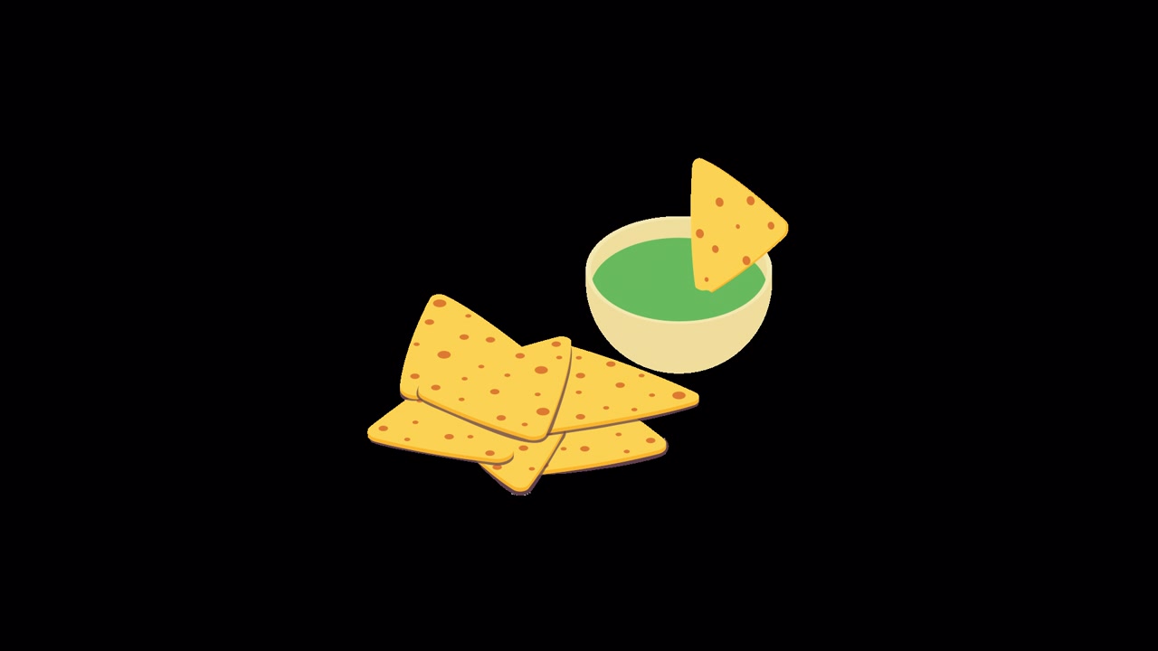 Animazione grafica di patatine nacho che si immergono nel guacamole.