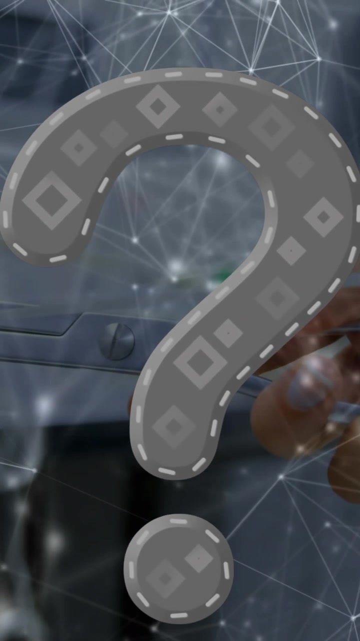 Animation of question mark over network of connections and hand holding tongs