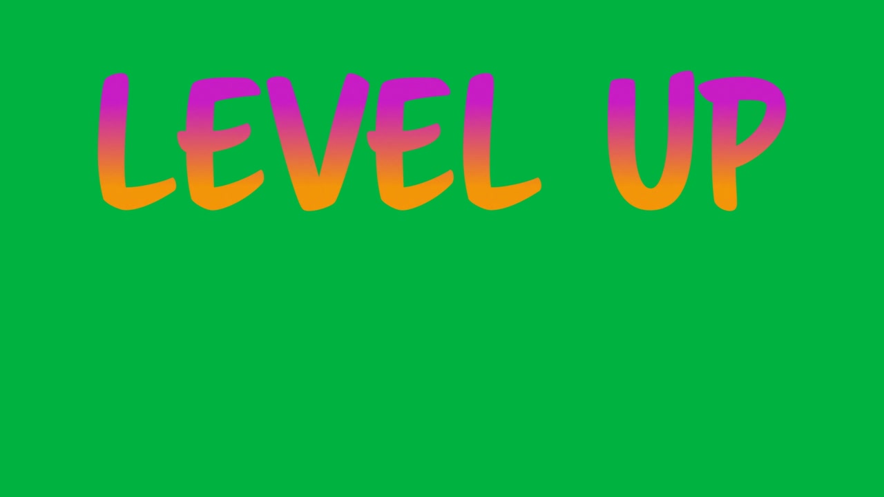 Animasi digital teks 'level up' gradien dengan latar belakang putih.