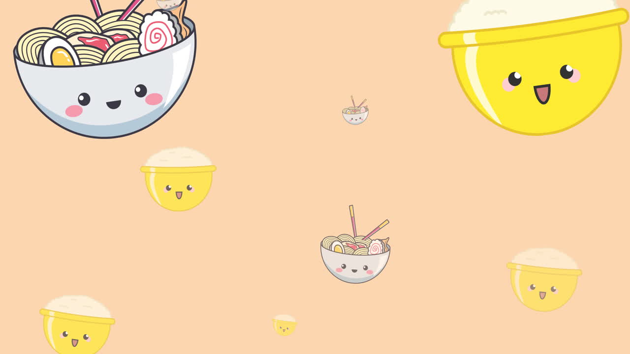 animación de diversos cuencos de dibujos animados con ramen flotando sobre un fondo naranja