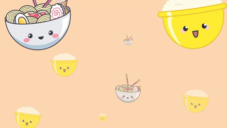 animation of diverse cartoon bowls with ramen floating on orange background