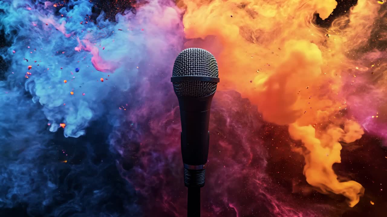 A microphone is in front of a colorful explosion. The microphone is black and silver. The explosion is colorful and has a lot of debris