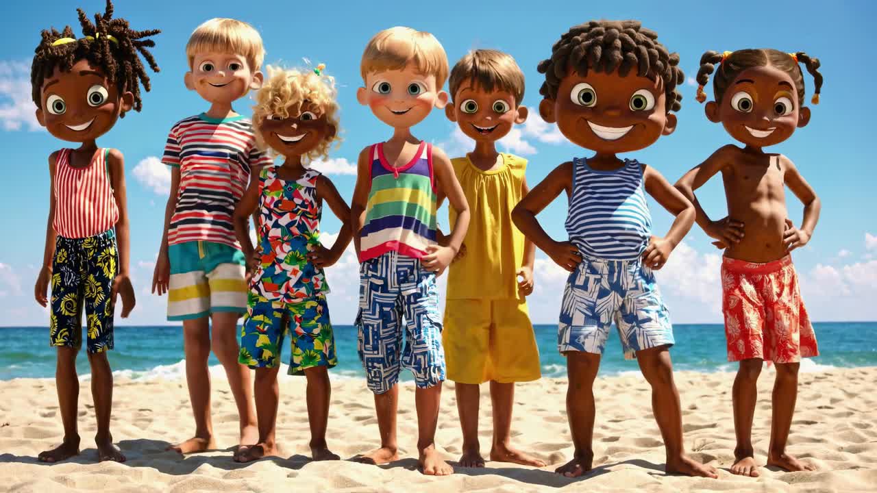 Animated children on a sunny beach, smiling and posing. Wide-angle shot captures a vibrant, playful