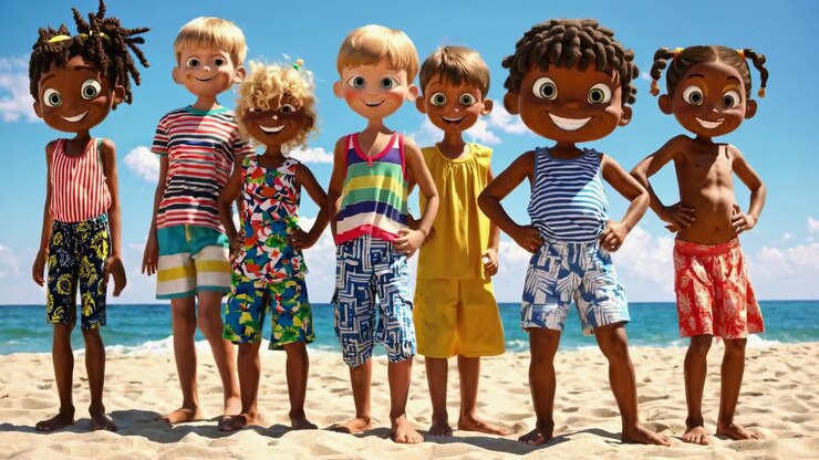Bambini animati su una spiaggia soleggiata, che sorridono e posano. Una ripresa grandangolare cattura una scena vibrante e giocosa