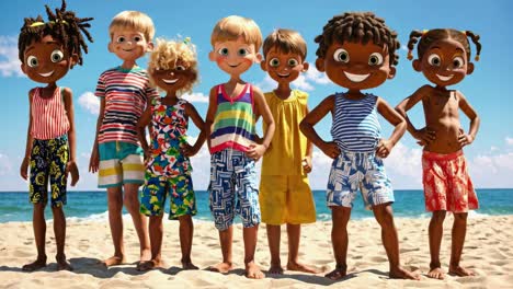animated children on a sunny beach, smiling and posing. wide-angle shot captures a vibrant, playful