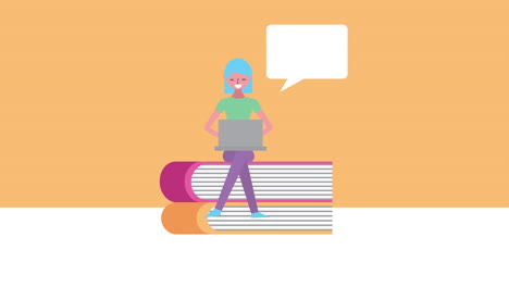 mujer joven usando portátil en libros