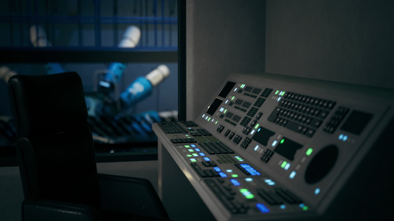 Control room featuring advanced technology and robotic arms in action