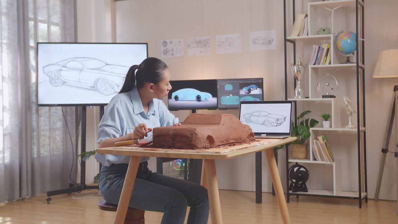 아시아 여성 자동차 디자이너는 노트북을 보고 표면을 매끄럽게하고 스튜디오에서 자동차 점토 조각에 세부 사항을 만들기 위해 래크 또는 와이어를 사용합니다.