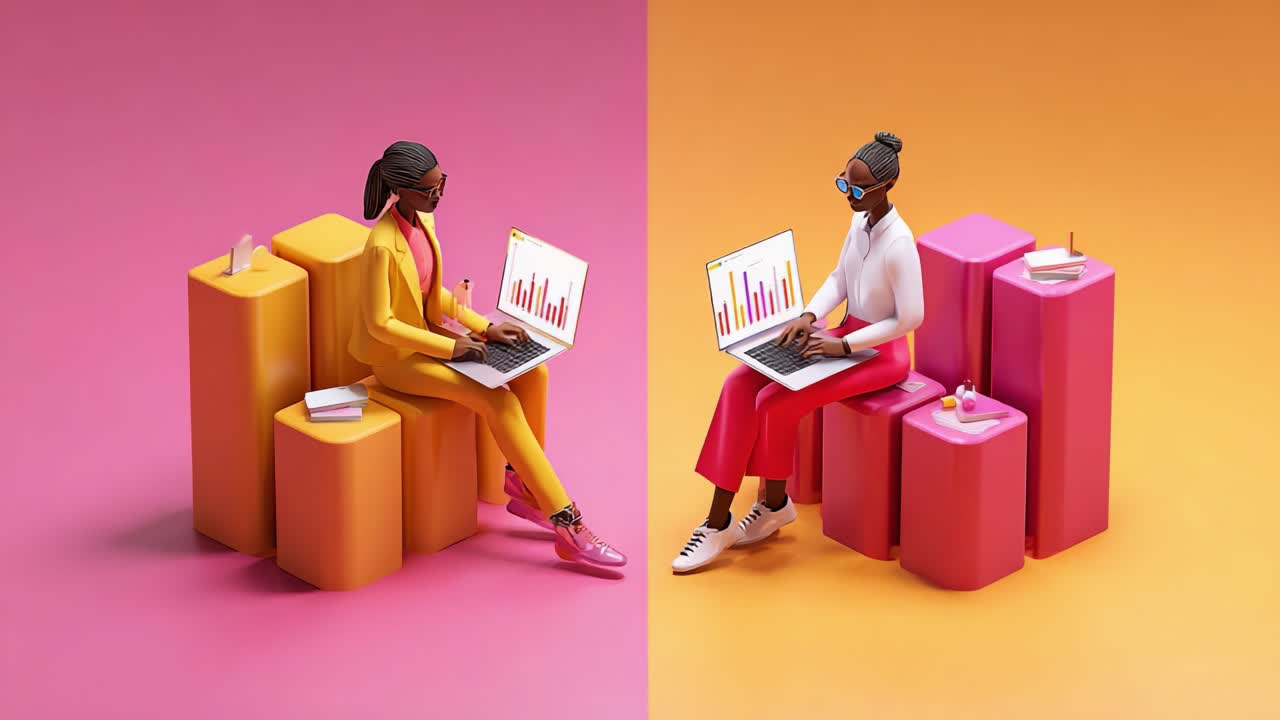 Two figures sit side by side on colorful pedestals, engaging with laptops displaying growth charts and statistics, embodying the essence of modern work and creativity in a vibrant setting
