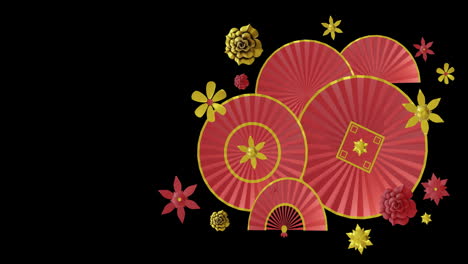 Animation-of-chinese-red-and-gold-floral-pattern-on-black-background