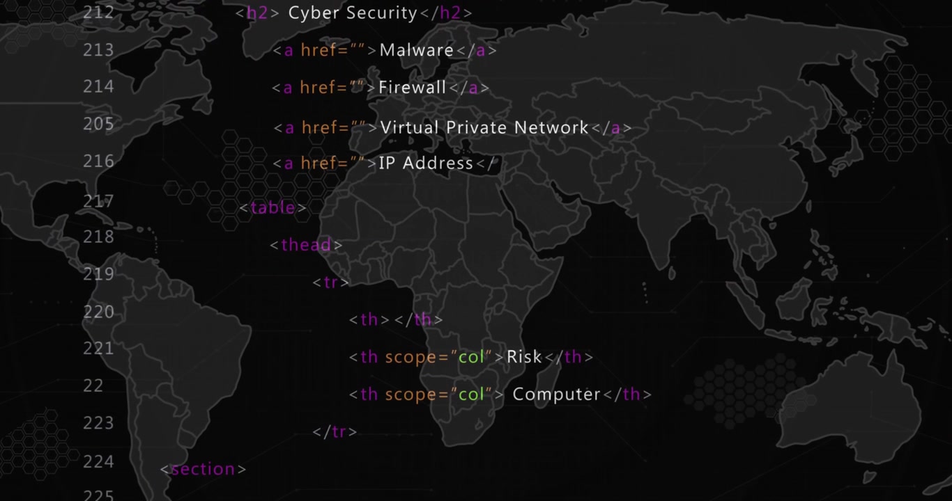 Animation of multicolored computer language and map over black background