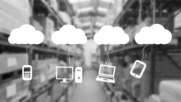Animation of media icons over warehouse