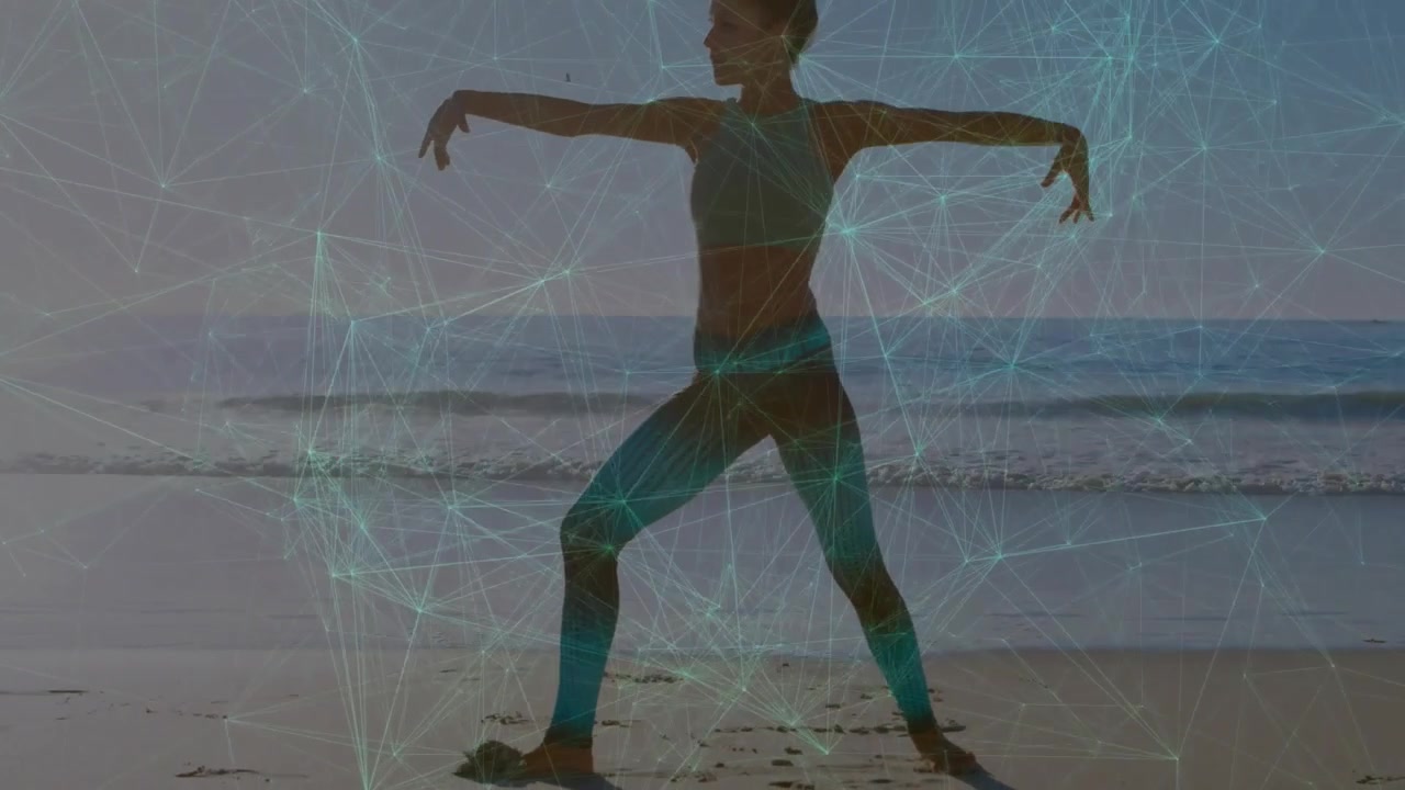Woman Practicing Yoga on Beach with Digital Network Overlay