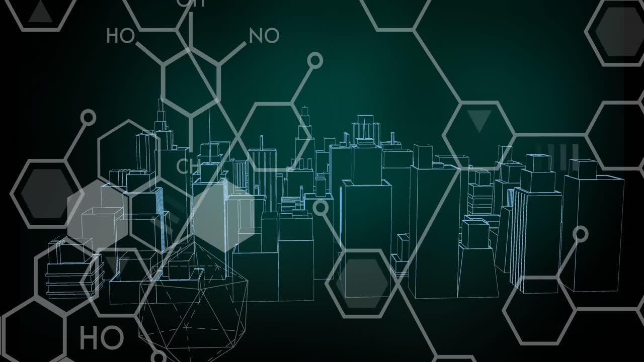 검은 바탕에 디지털 도시 위의 화학 공식의 애니메이션