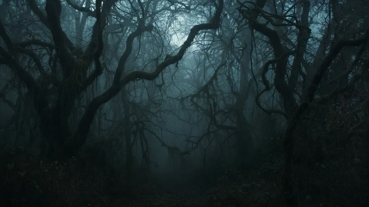 Minimal camera creeping over dense gnarled leafless trees in woodland glade, with drifting fog