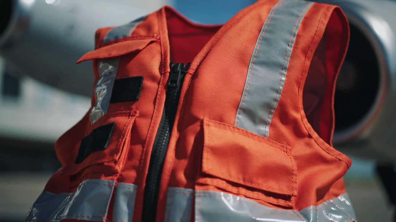 Panoroiva kamera liikkuu lähelle oranssia huomioliiviä rampilla, korostaen heijastinnauhaa turvallisuuden vuoksi.