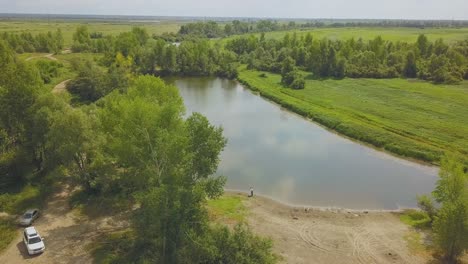 just-married-couple-on-bank-of-calm-lake-near-park-aerial