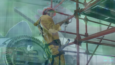 male worker climbing scaffolding in industrial site, showing digital graphs and smartphone overlay