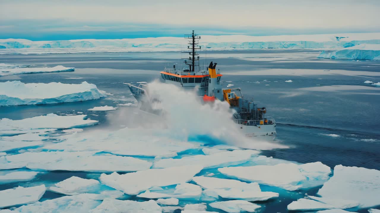 An icebreaker ship navigates through ice in a polar region