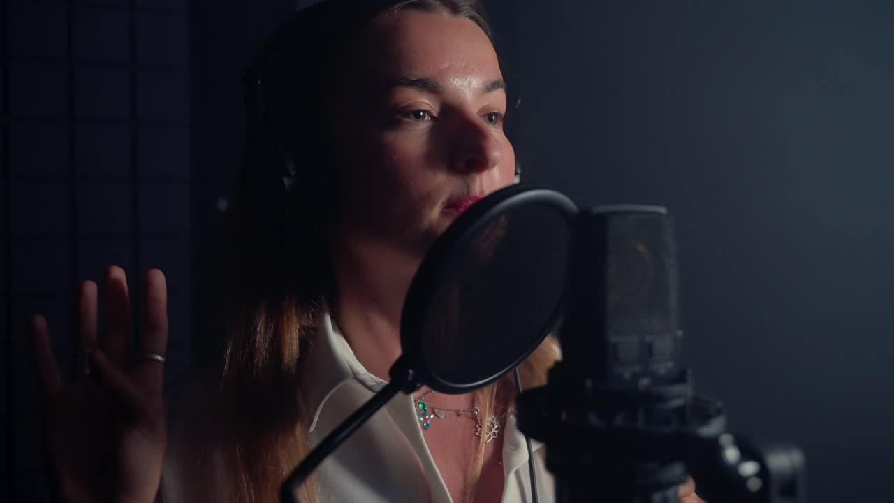 mujer cantando en el micrófono en el estudio de grabación