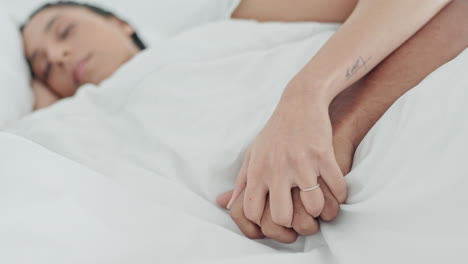 Bed,-holding-hands-or-relax-couple-sleeping