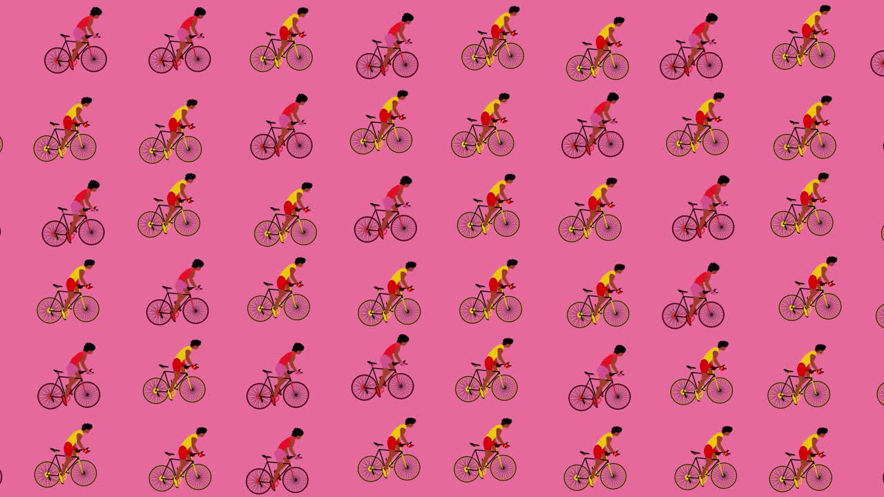 아프리카계 미국인 자전거 타는 사람들이 분홍색 배경에서 자전거를 타고 있습니다. 만화 애니메이션, 평평한 디자인, 루프 4k