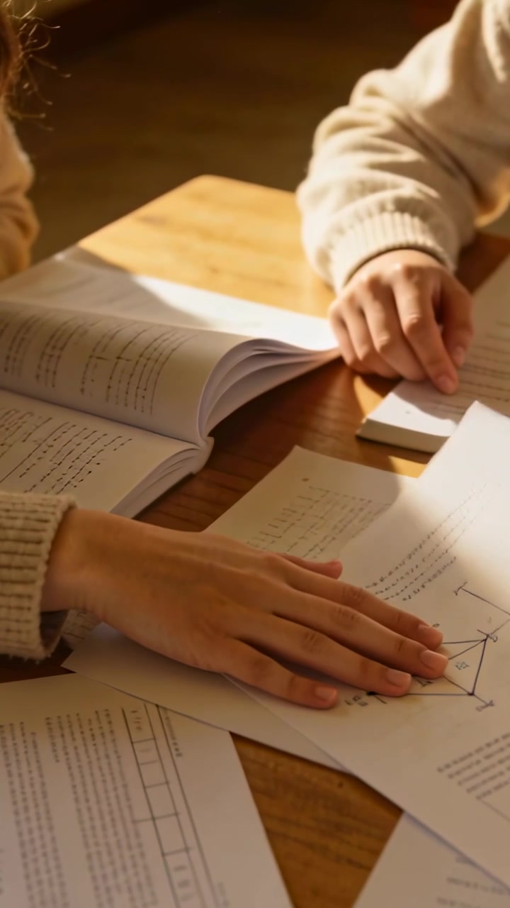 Video verticale: Indicando un diagramma, due colleghi che sfogliano un libro a casa, risolvendo problemi di matematica in maglioni