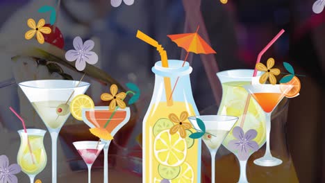 animación de flores e iconos de bebidas sobre las bebidas