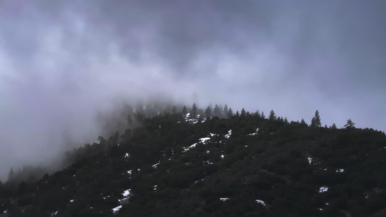 una dramática cobertura de nubes se mueve rápidamente sobre las montañas cubiertas de nieve del bosque de pinos de frazier park, en el sur de california.