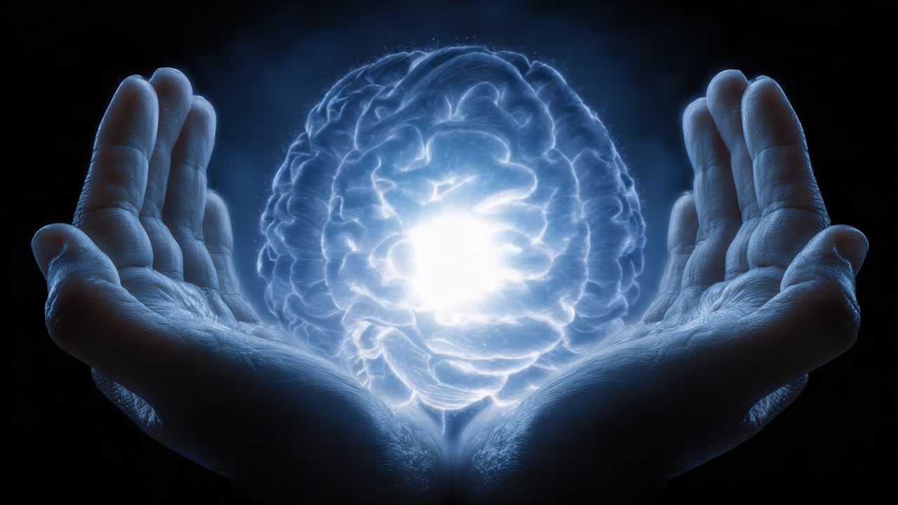 A Glowing Brain Released from Hands: Symbolizing Knowledge, Creativity, and the Boundless Potential of the Human Mind in a Ethereal Light Display
