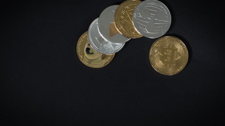 Moneta Bitcoin BTC, monete Ethereum ETH e altre criptovalute su sfondo nero
