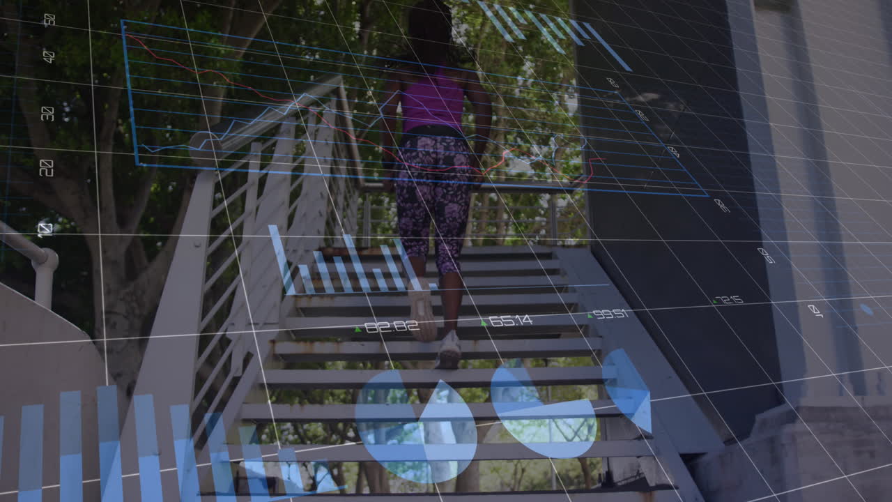 Animation of financial graphs and data over african american woman running upstairs