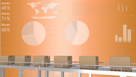 Animation-of-statistical-data-processing-over-boxes-on-conveyer-belt-against-orange-background