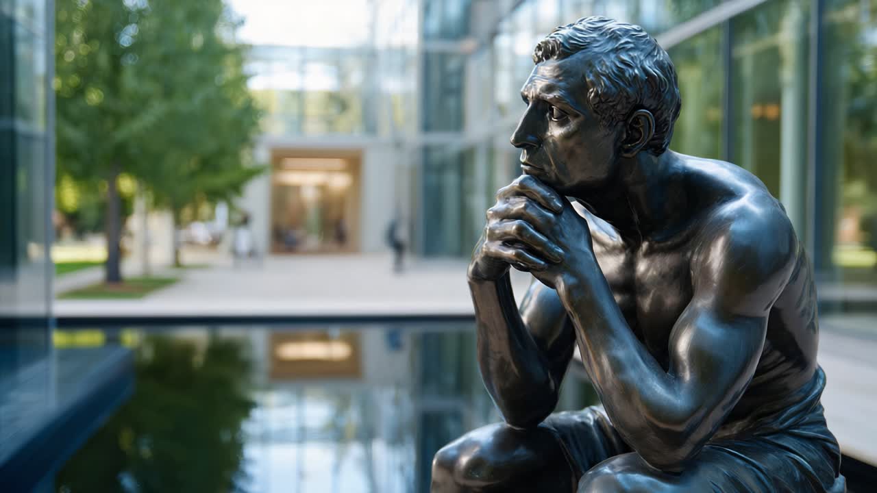Thoughtful Sculpture Displayed in a Modern Outdoor Setting Surrounded by Nature and Architectural Elegance with Reflective Water Features