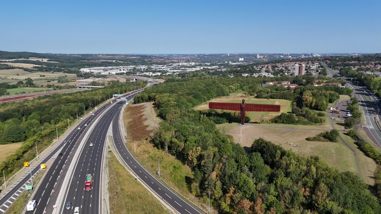 Drone Aerial View of the Angel of the North Sculpture in Gateshead, North East England